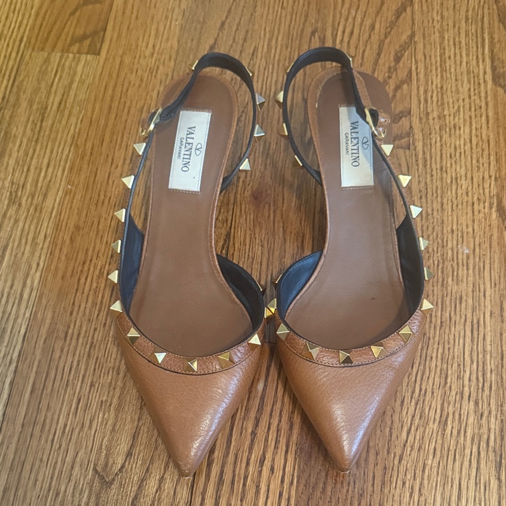 Valentino Tan Leather Heels with Gold Studs